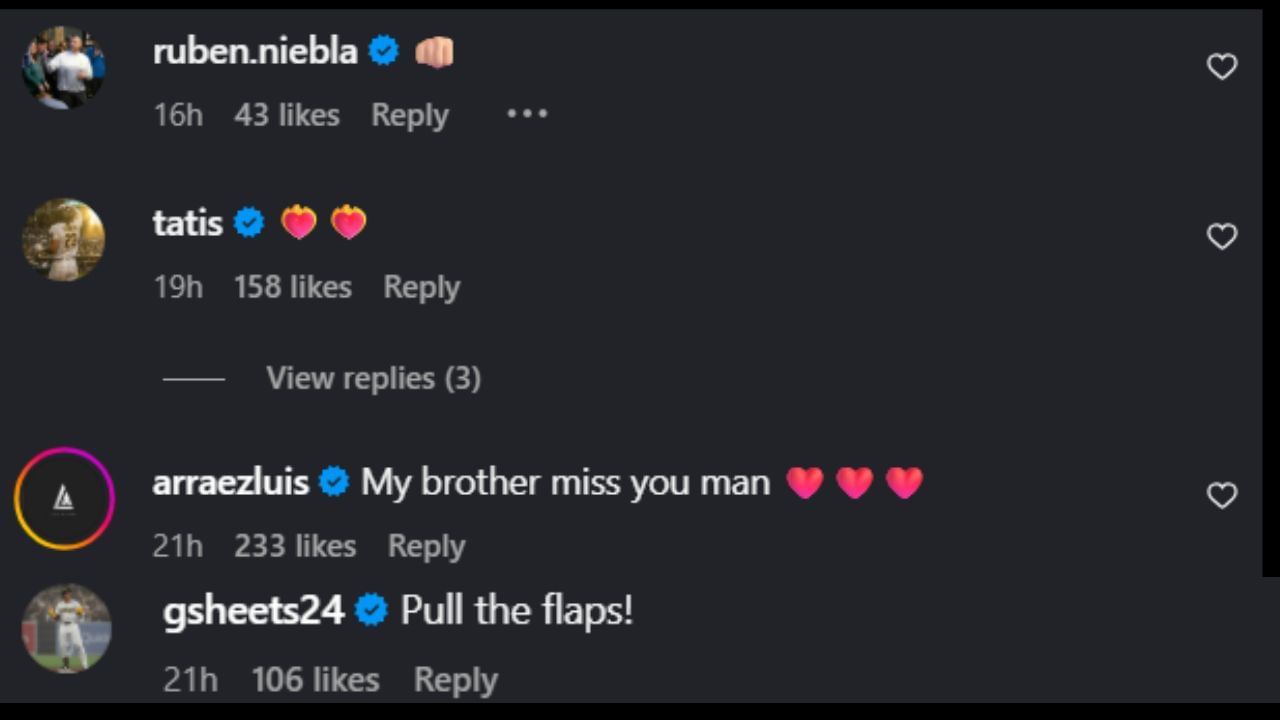 Snímka obrazovky komentárov rubena nibla, Fernanda Tatisa Jr., Luisa Arrareza a Gavina Sheetsa k príspevku na Instagrame Tylera Wadea