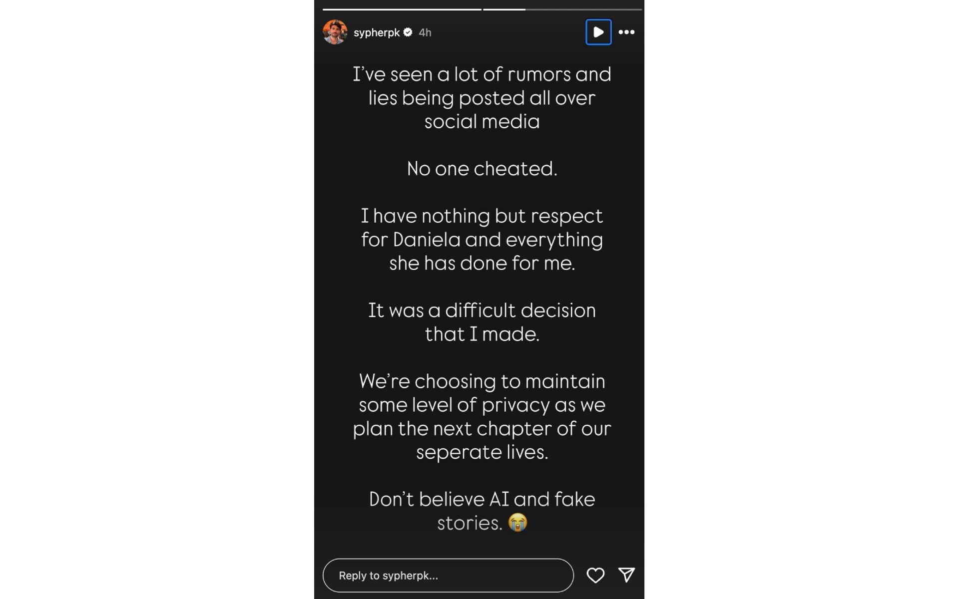 The streamer&#039;s Instagram Story, dated November 7, 2025, in which he responded to &quot;rumors&quot; about his separation from Daniela (Image via Instagram/@sypherpk)