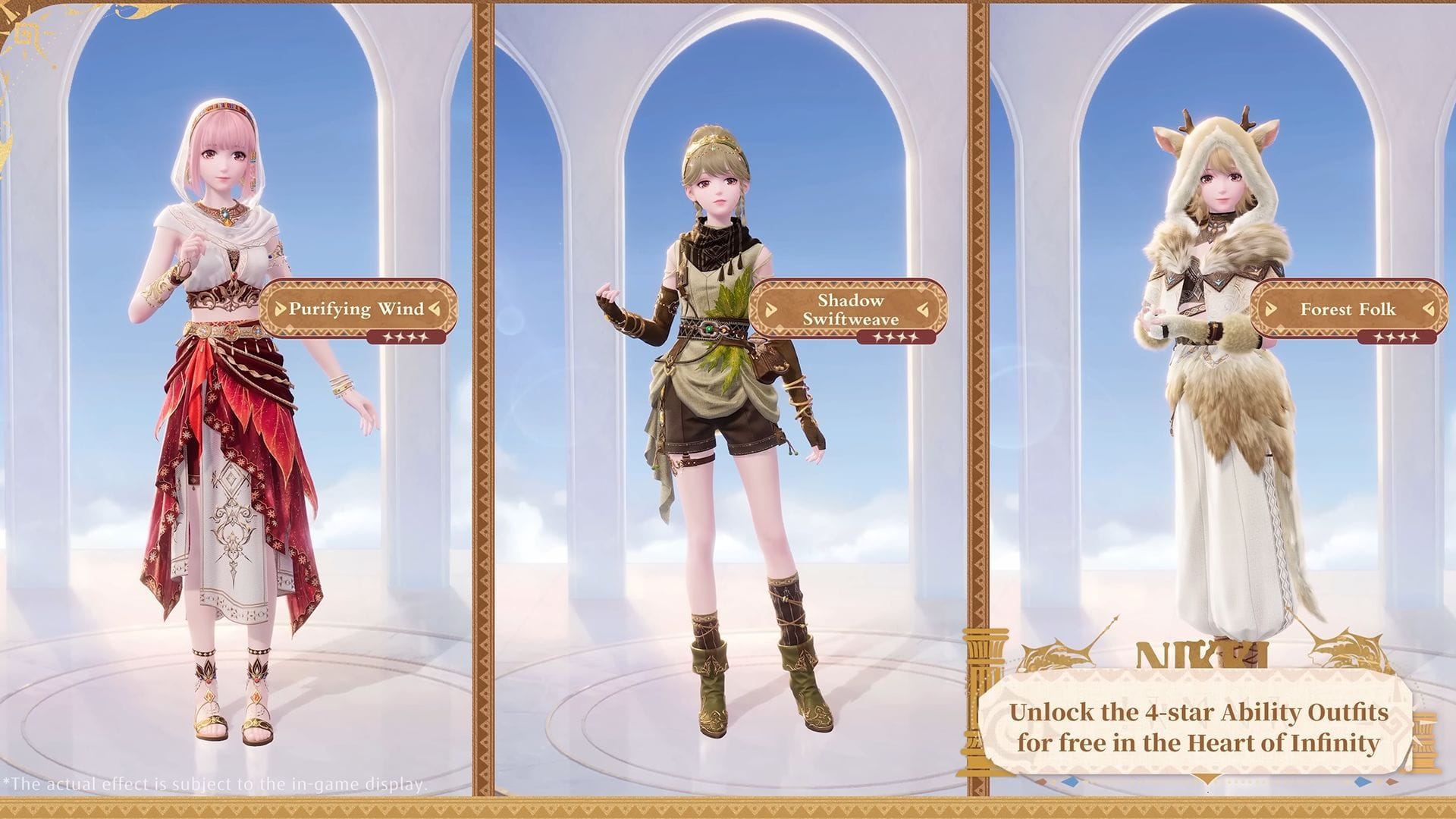 4-star outfits Purifying Wind, Shadow Swiftweave, and Forest Folk (Image via Infold Games)