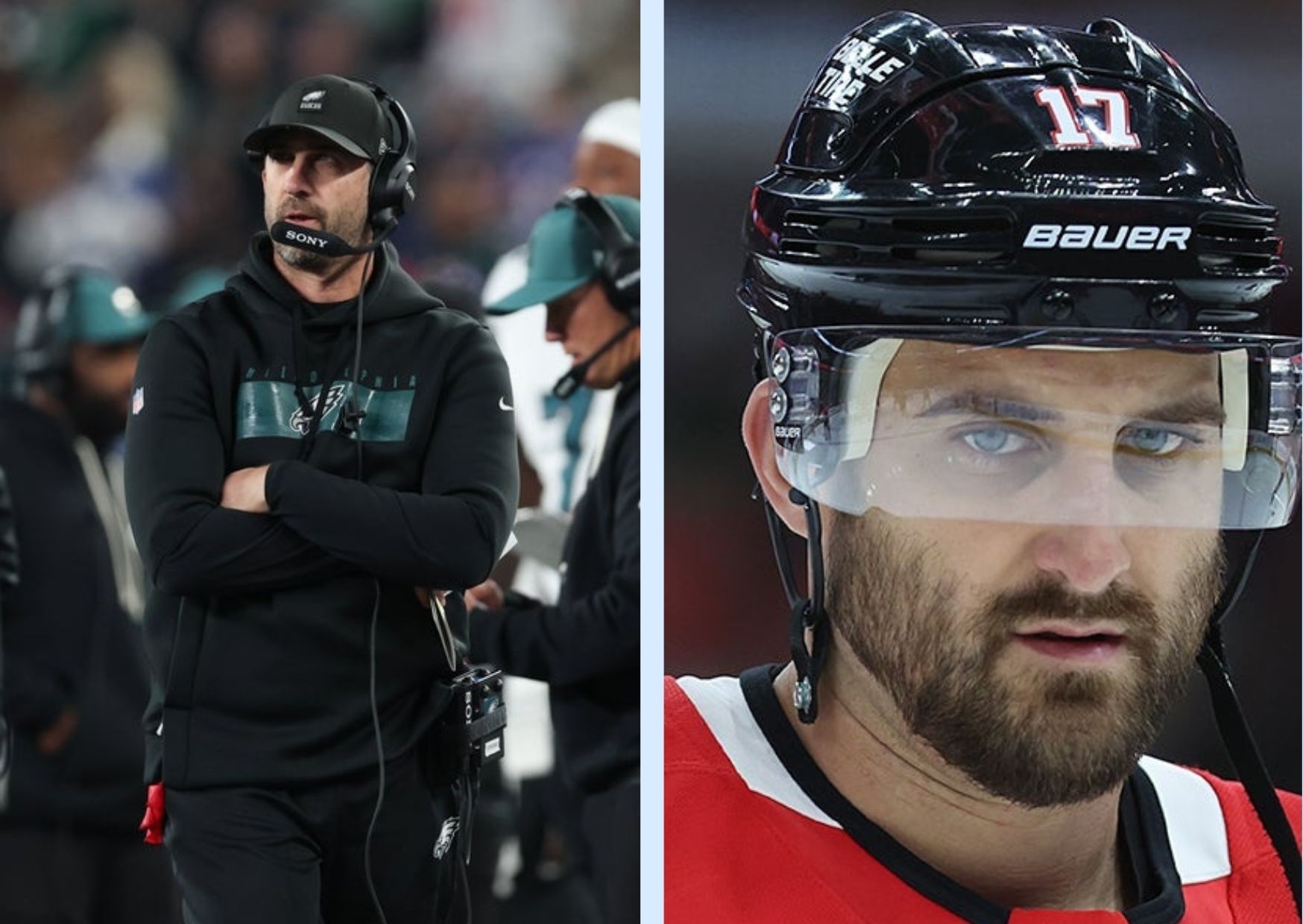 Philadelphia Eagles coach Nick Sirianni and Chicago Blackhawks Nick Foligno