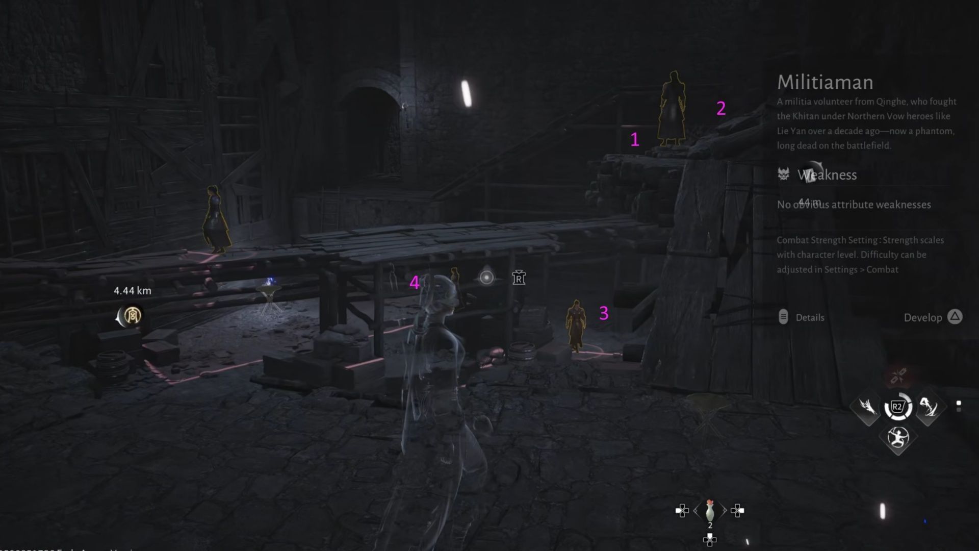 You can start at the #1 spot, walk to #2 to get the Treasure Chest, drop down to the two guards, and then climb the ladder to the Skill Theft spot (Image via NetEase)