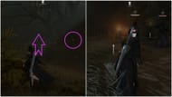 Left Image: Arrow pointing the way forward, and the circle shows the audio cue. Right is the first drum, just beyond the first image (Image via NetEase)