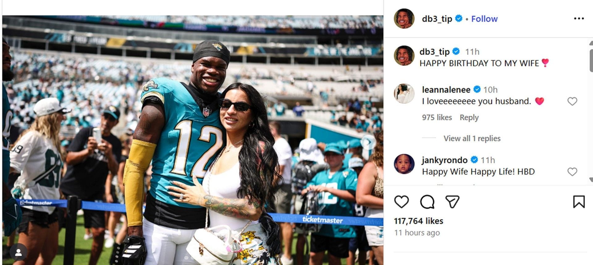 Travis Hunter&#039;s wife Leanna drops adorable 4-word reaction to heartfelt 24th birthday tribute/@db3_tip