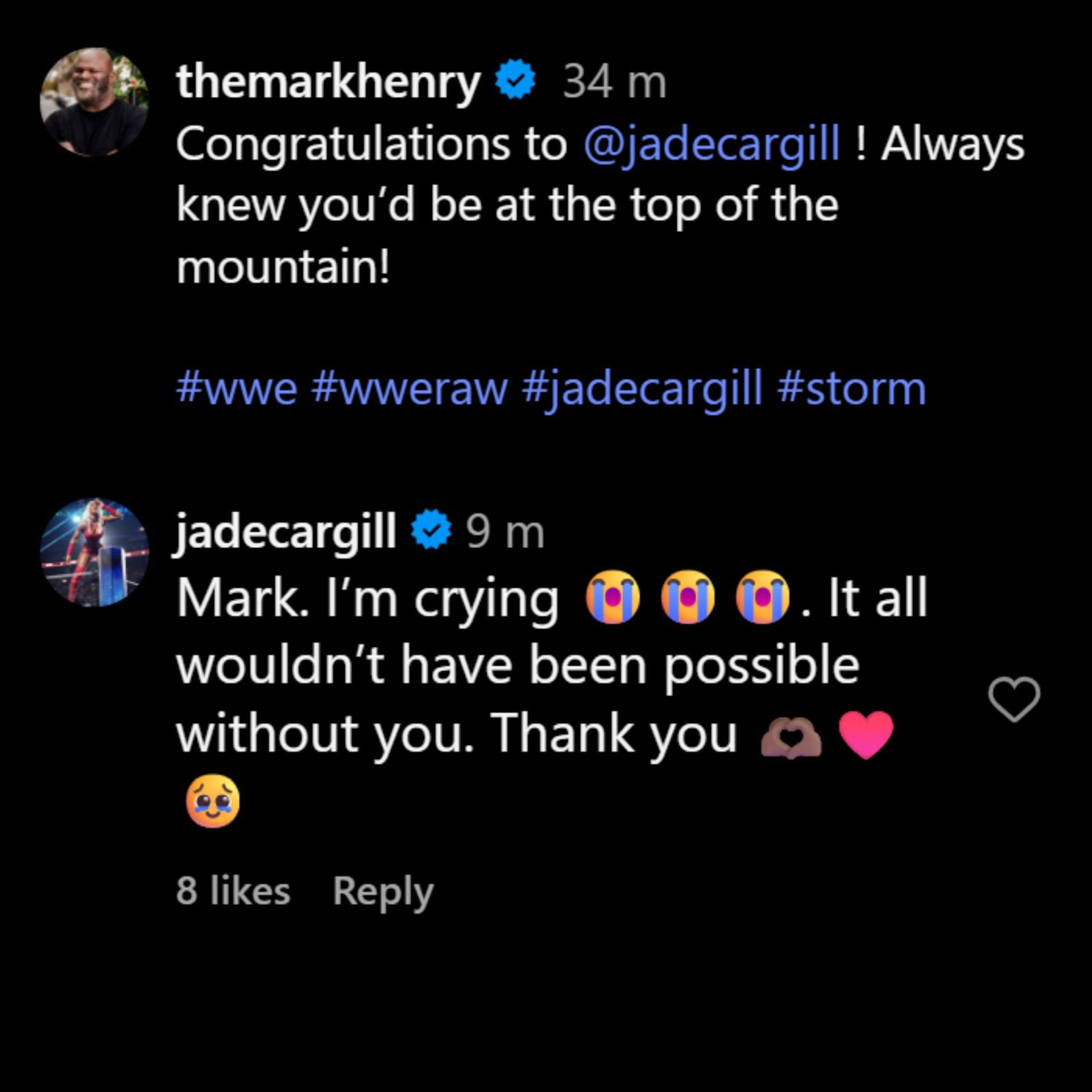 Jade Cargill thanks Mark Henry. (Screenshot via: @themarkhenry on Instagram)