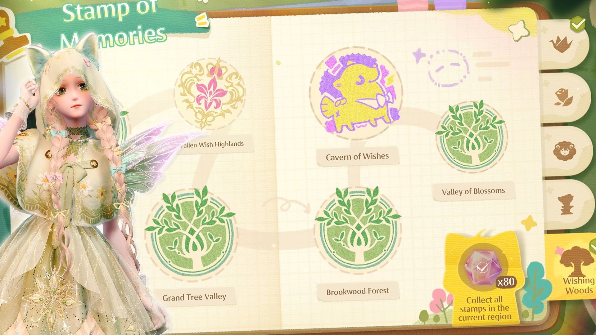 Locations of all  Wishing Woods event sites in the Stamp of Memories event (Image via Sportskeeda Gaming/Infold Games)