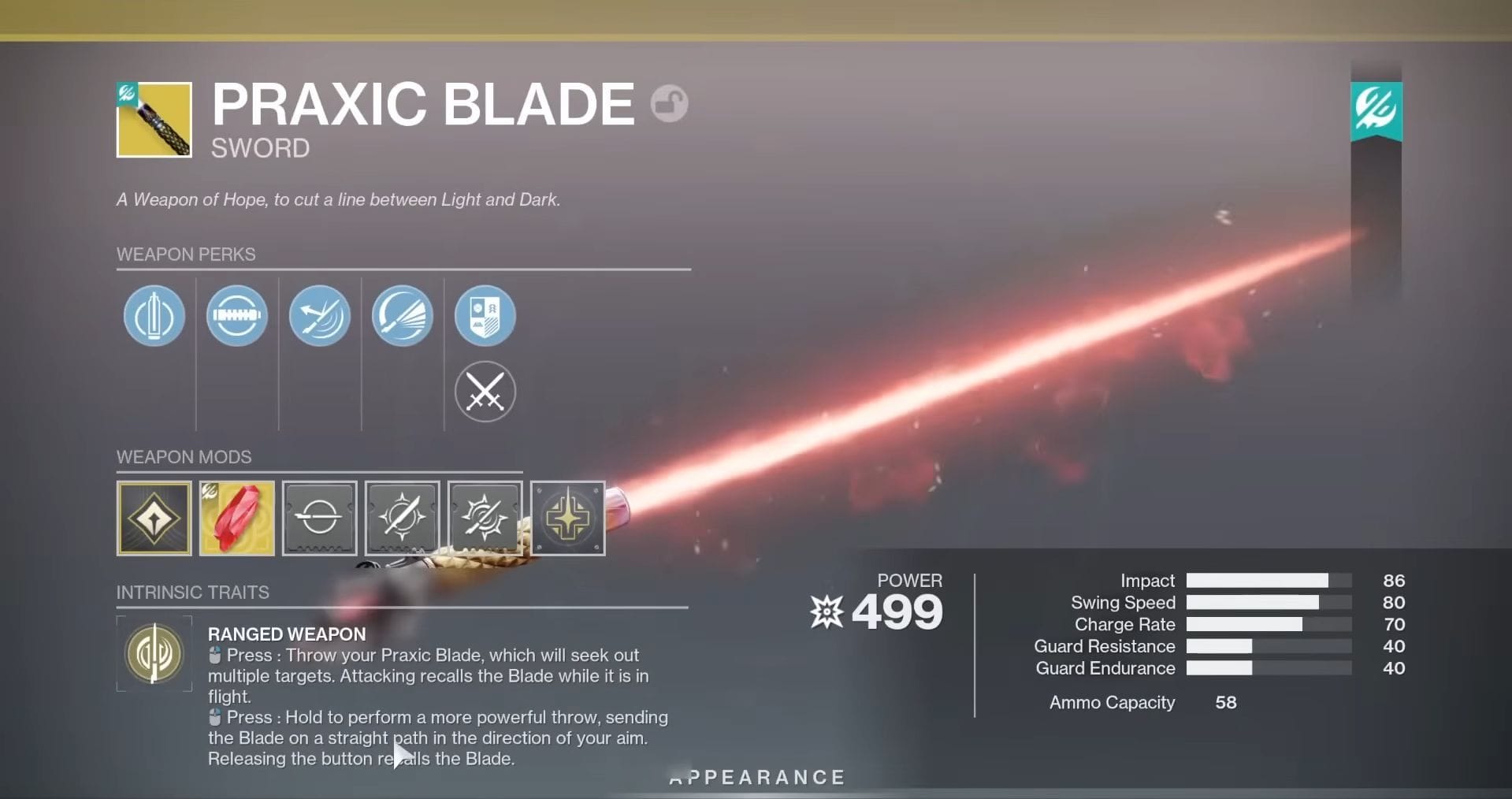 Intrinsic Trait of the Praxic Blade (Image via Bungie) 