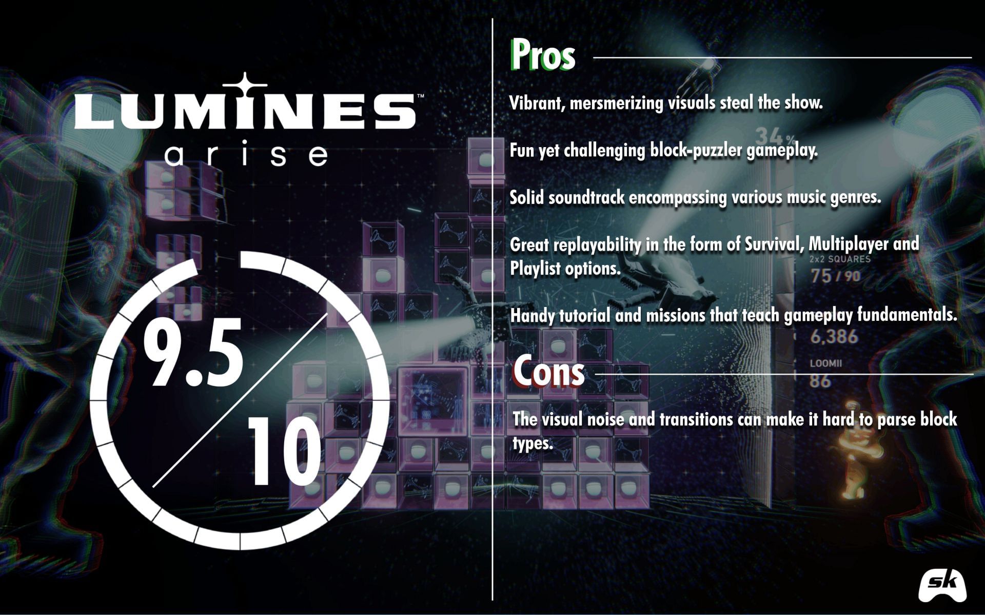 Our final verdict for Lumines Arise (Image via Sportskeeda/Enhance)