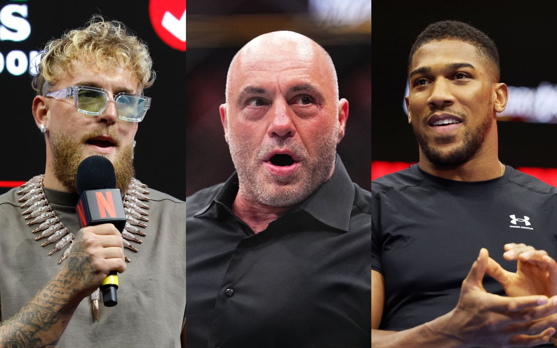 Joe Rogan (middle) addresses Jake Paul (left) vs. Anthony Joshua (right) fight. [Images courtesy: Getty Images]