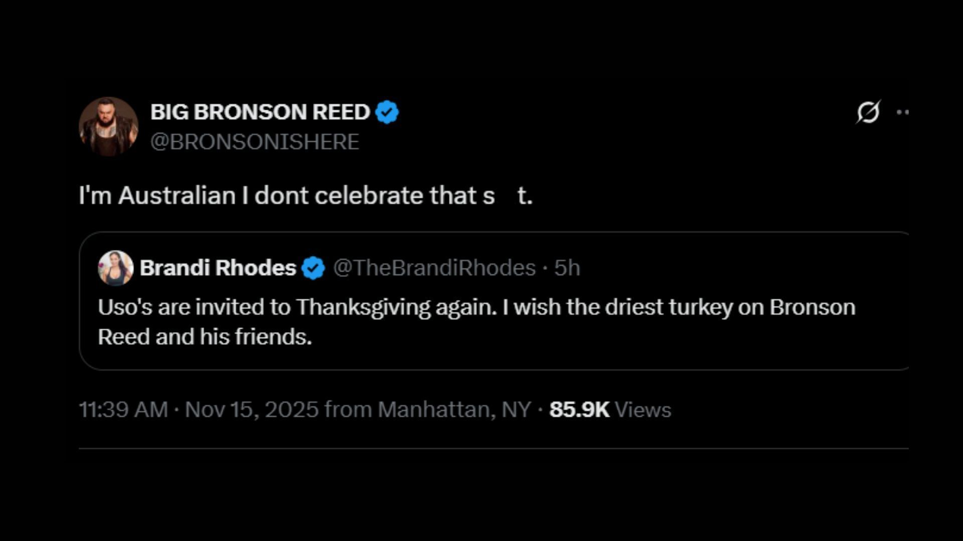 Reed's response to Brandi Rhodes [Photo: Reed's X]