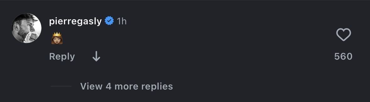 Screen grab of Pierre Gasly&#039;s comment under Calvin Klein&#039;s Instagram post [via Instagram/@calvinklein]