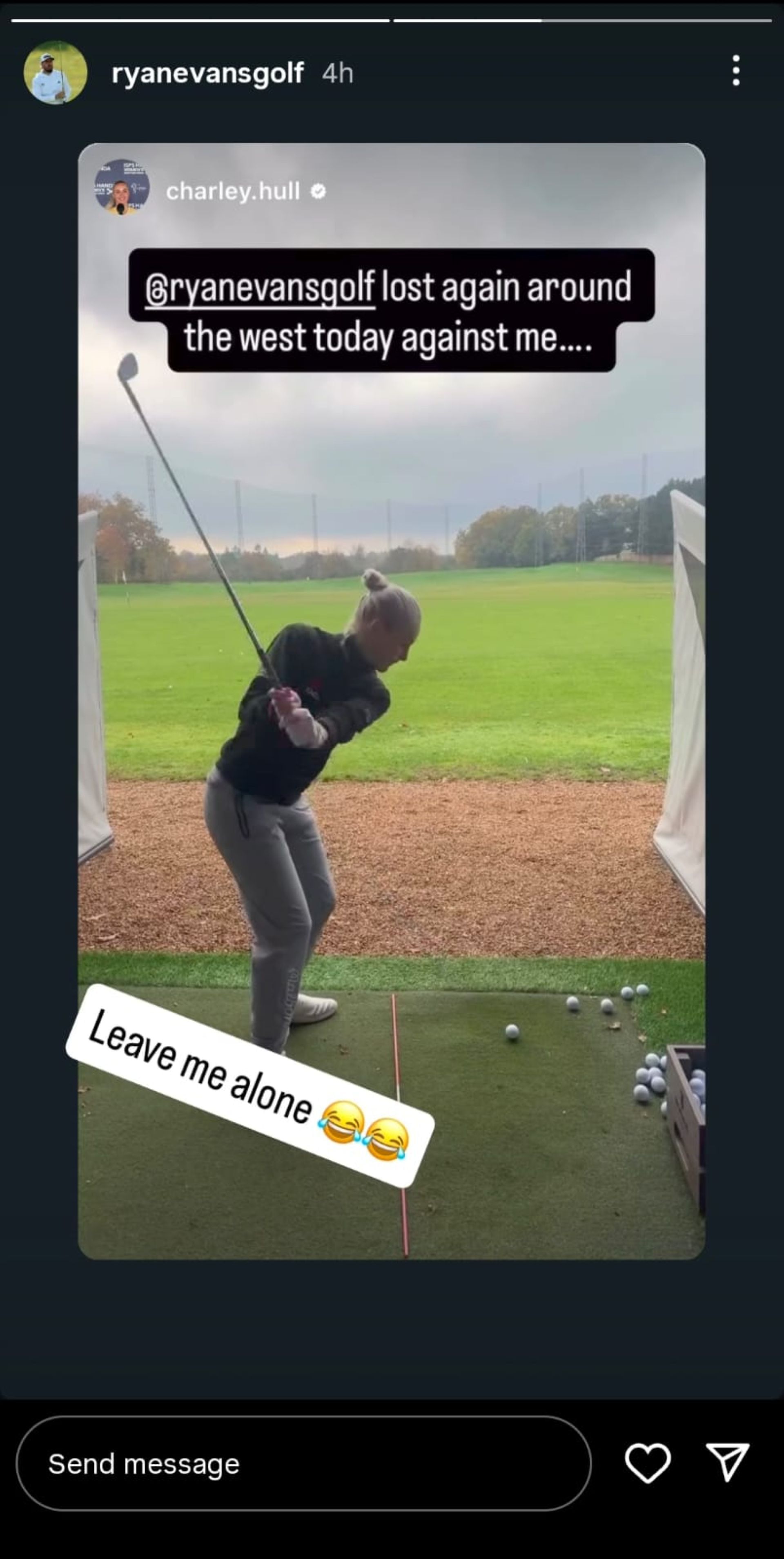 A screenshot taken from Ryan Evans&#039; Instagram story (via @ryanevansgolf)
