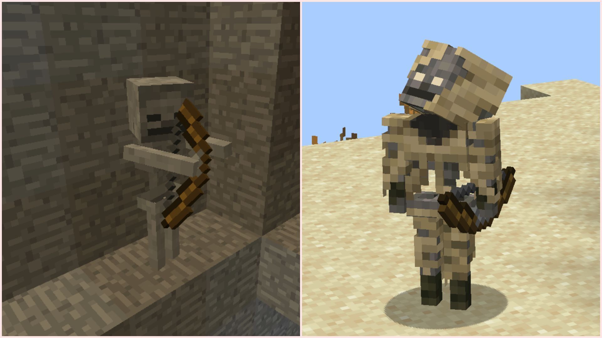 Both skeletons look vastly different and spawn in different locations (Image via Sportskeeda Gaming || Mojang Studios)