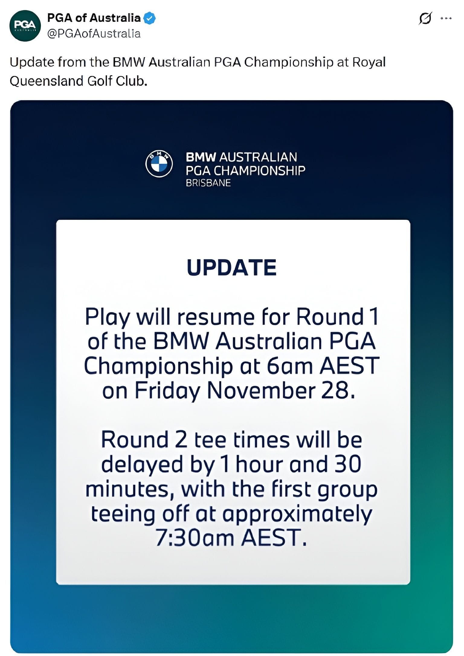 BMW PGA Australian PGA Championship update (Image via X @PGAofAustralia)