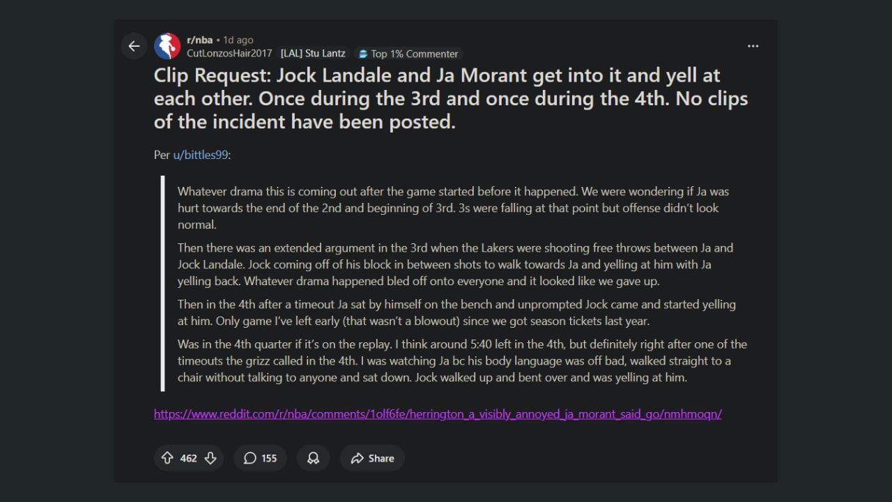 A fan asks for the Jack Landale and Ja Morant altercation video on Reddit