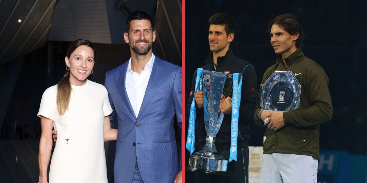 Jelena Djokovic &amp; Novak Djokovic (left), Novak Djokovic &amp; Rafael Nadal during the trophy presentation ceremony at the 2013 ATP Finals (right), Sources: Getty
