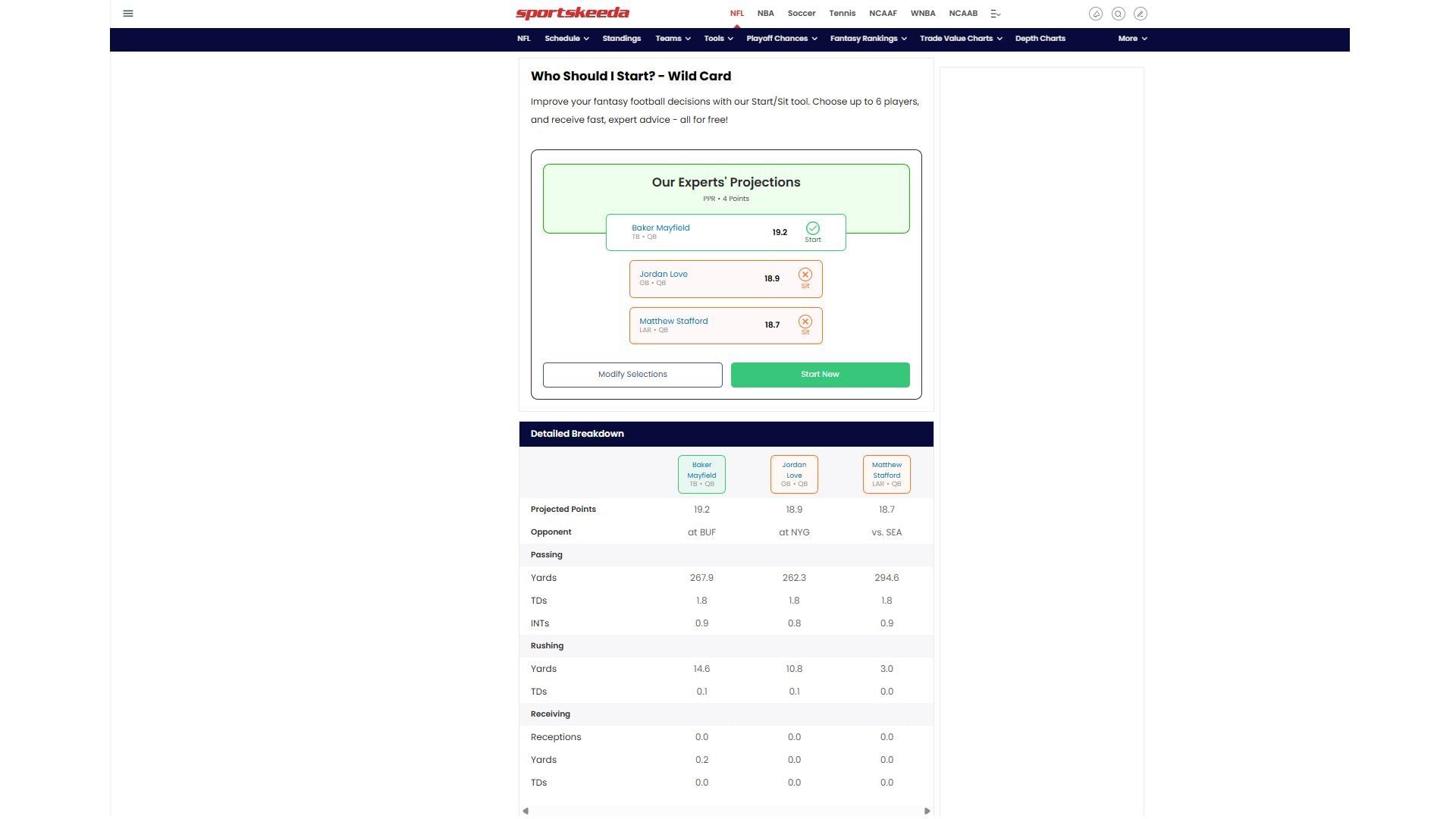 Baker Mayfield vs Jordan Love vs Matthew Stafford - Sportskeeda&#039;s Who Should I Start Tool