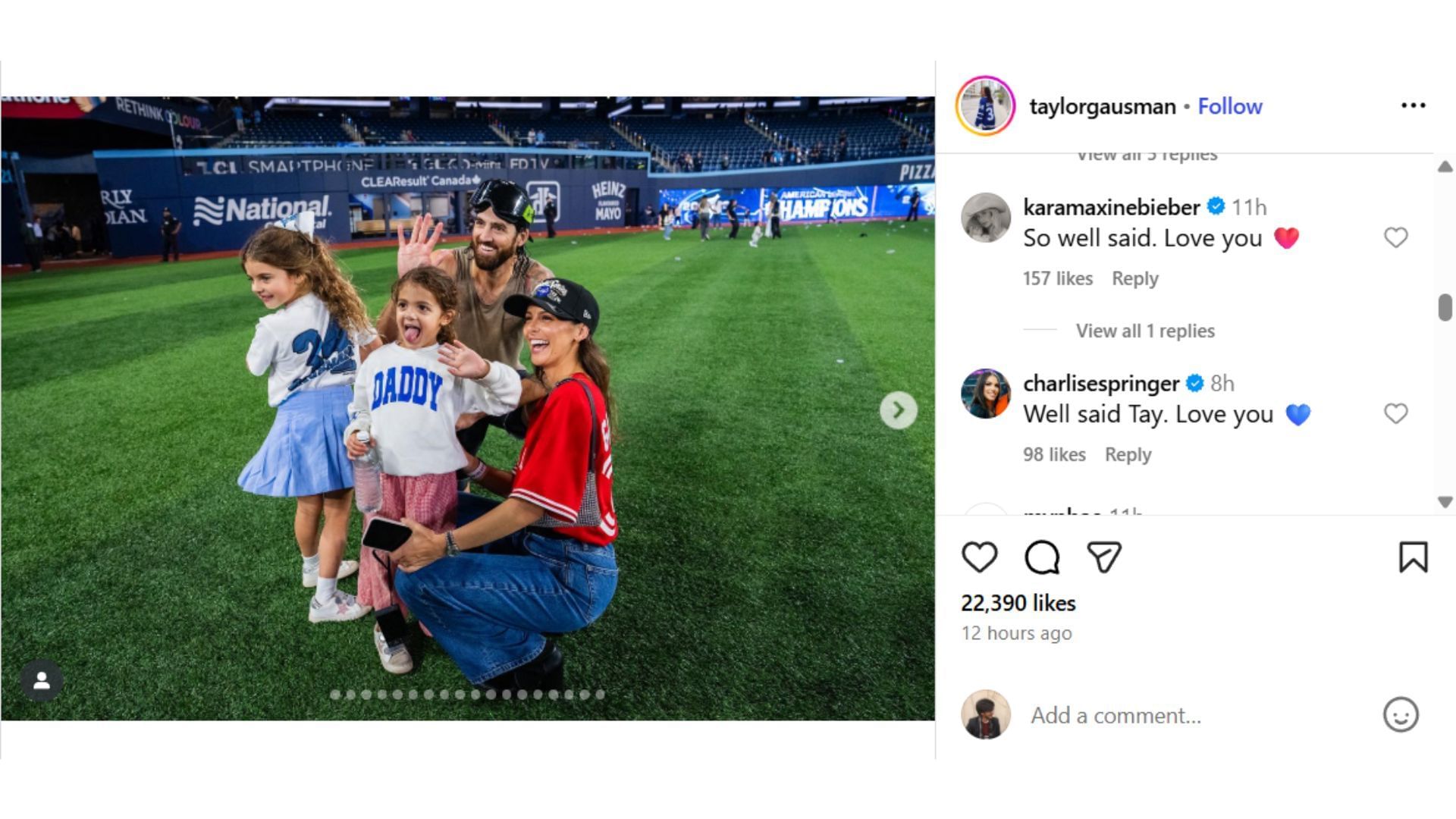 Charlise Springer and Kara Maxine Bieber&#039;s comments on Taylor Gausman&#039;s post (Source: Instagram @taylorgausman)