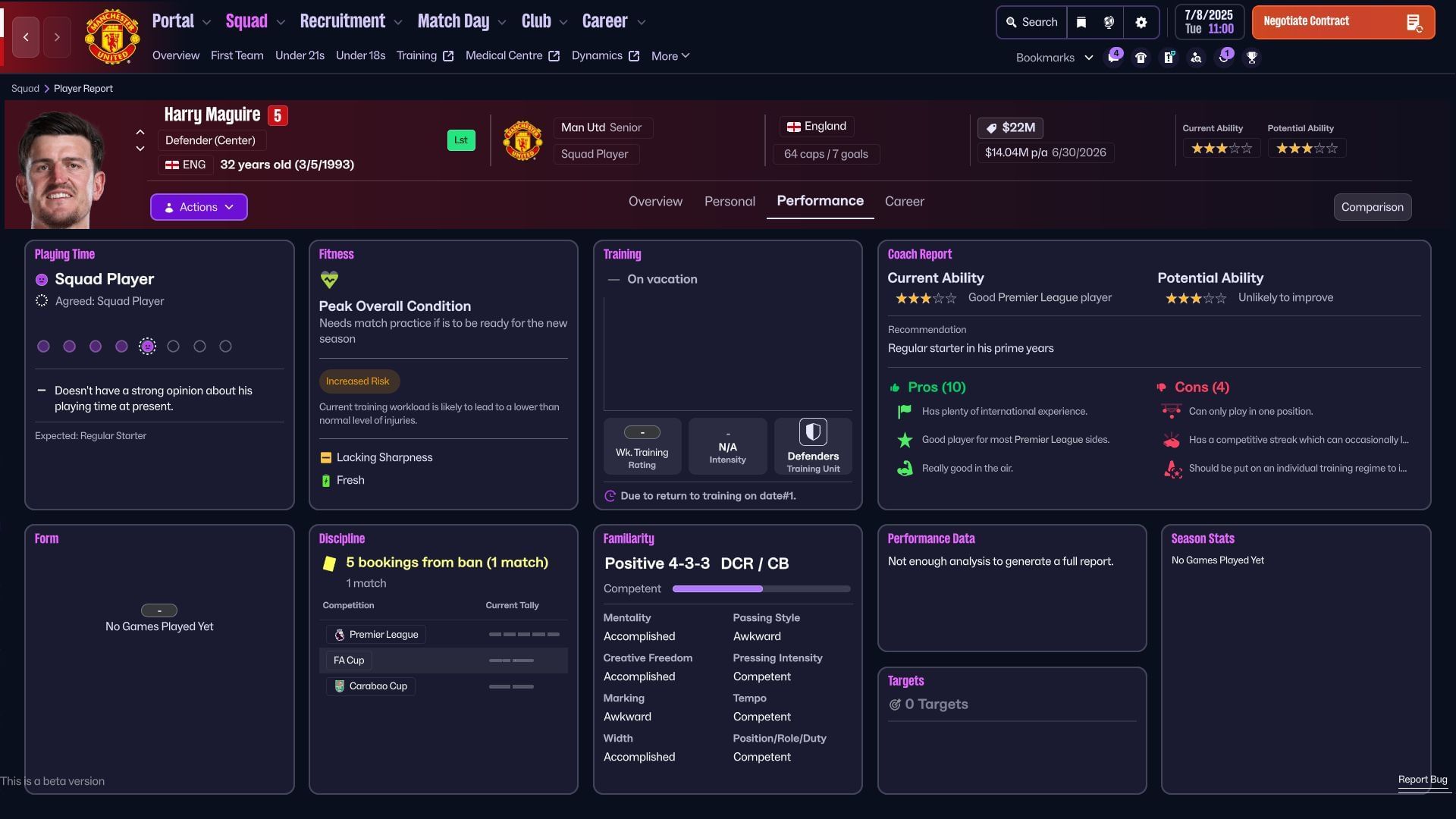 Harry Maguire&rsquo;s player report in Football Manager 26 (Image via SEGA / Sportskeeda Gaming)