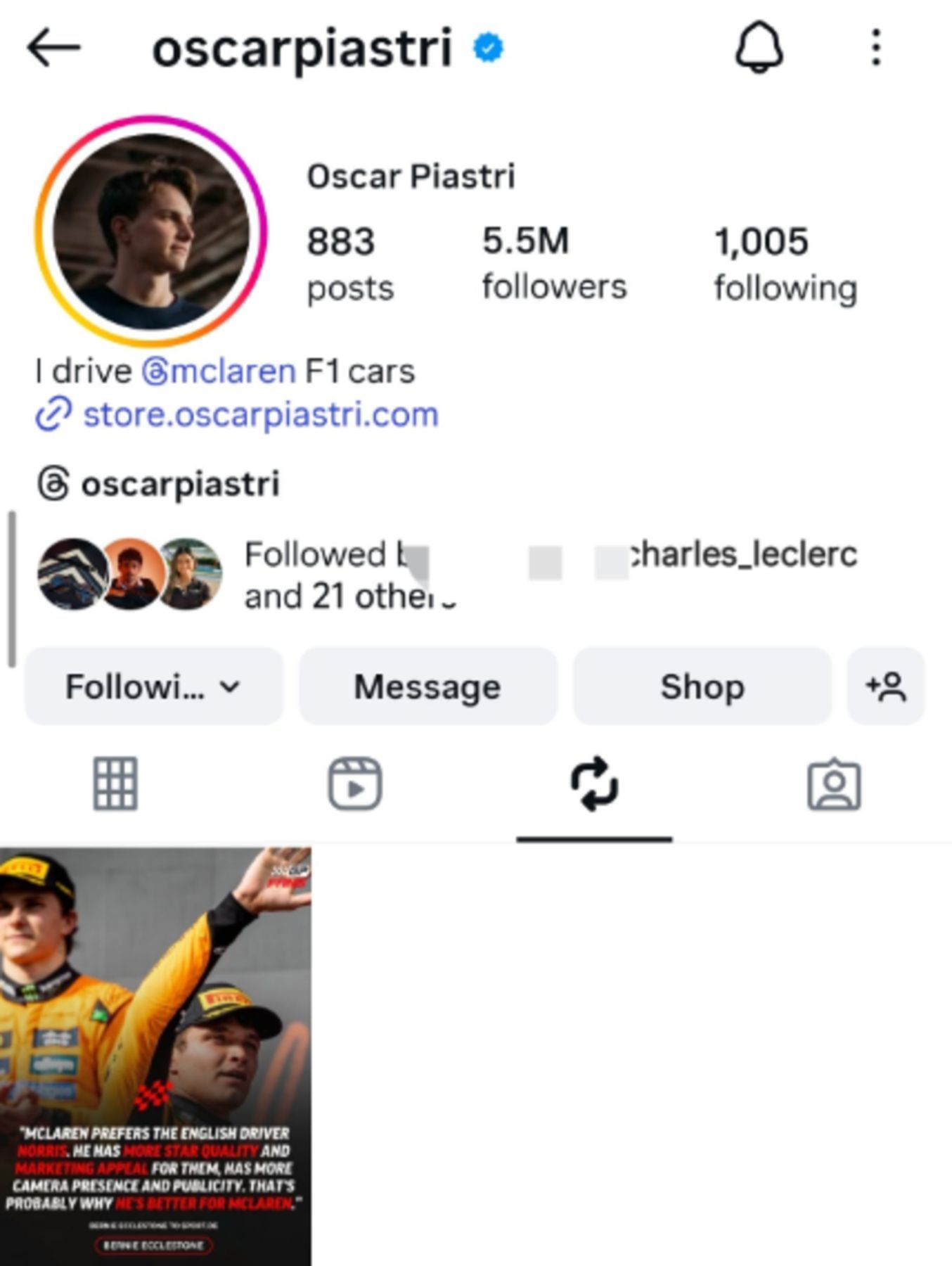 Oscar Piastri reshared a favouritism post but deleted it.