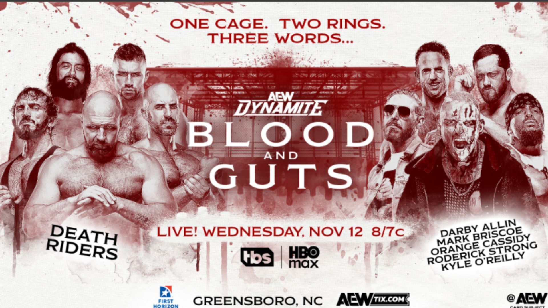 Official match graphic for this year&#039;s Men&#039;s Blood and Guts match [Screenshot via @AEW on X]