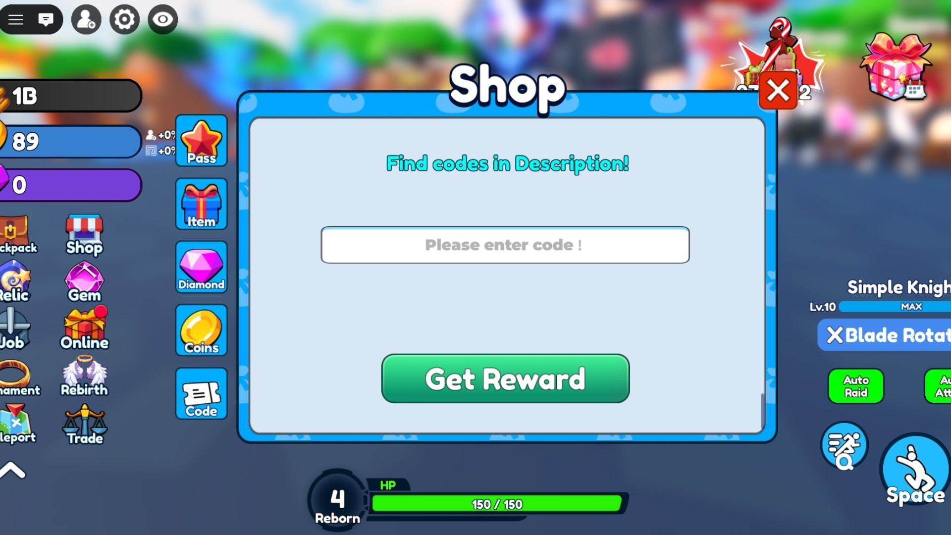 The code box is at the bottom of the Shop (Image via Roblox)
