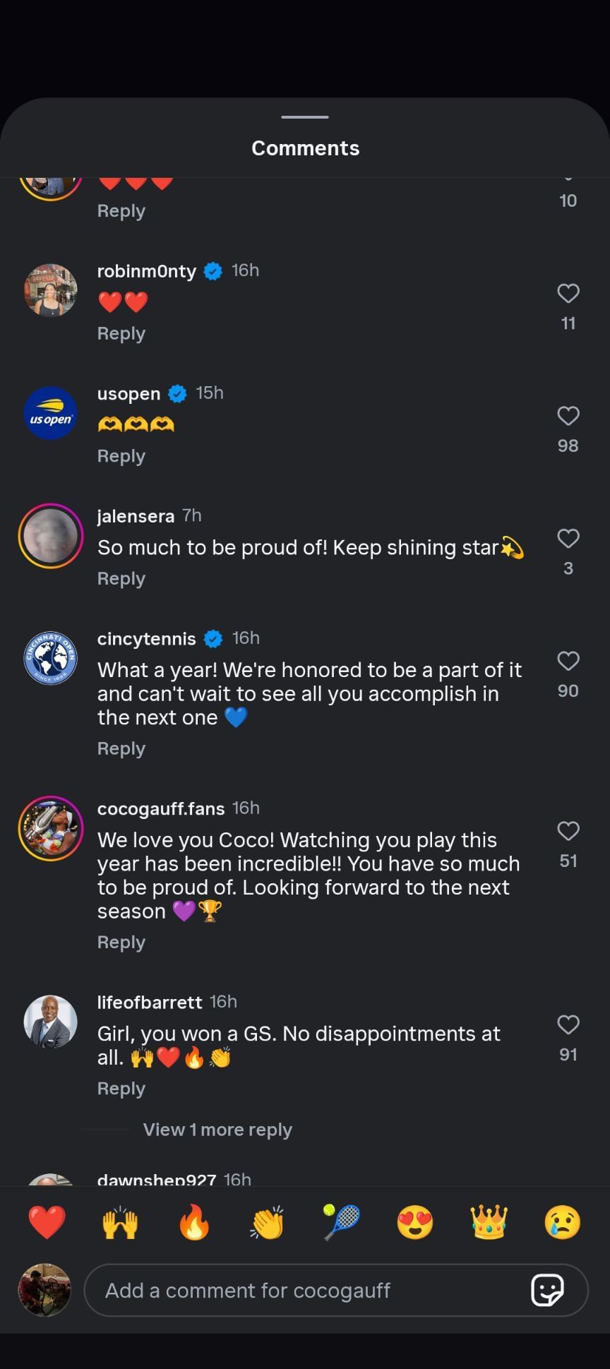 Screenshot of Coco Gauff&#039;s boyfriend Jalen Sera&#039;s comment - Image source: Instagram/@cocogauff