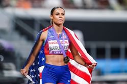 Sydney McLaughlin-Levrone reacts to close finish by Benson Kipruto and Alexander Mutiso at the New York City Marathon
