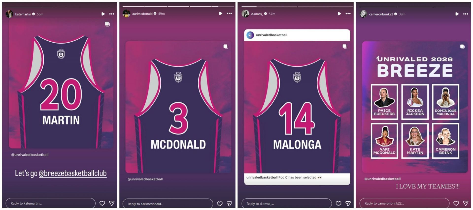 Breeze BC players react to their Unrivaled roster. (Photo: Breeze BC players IG)