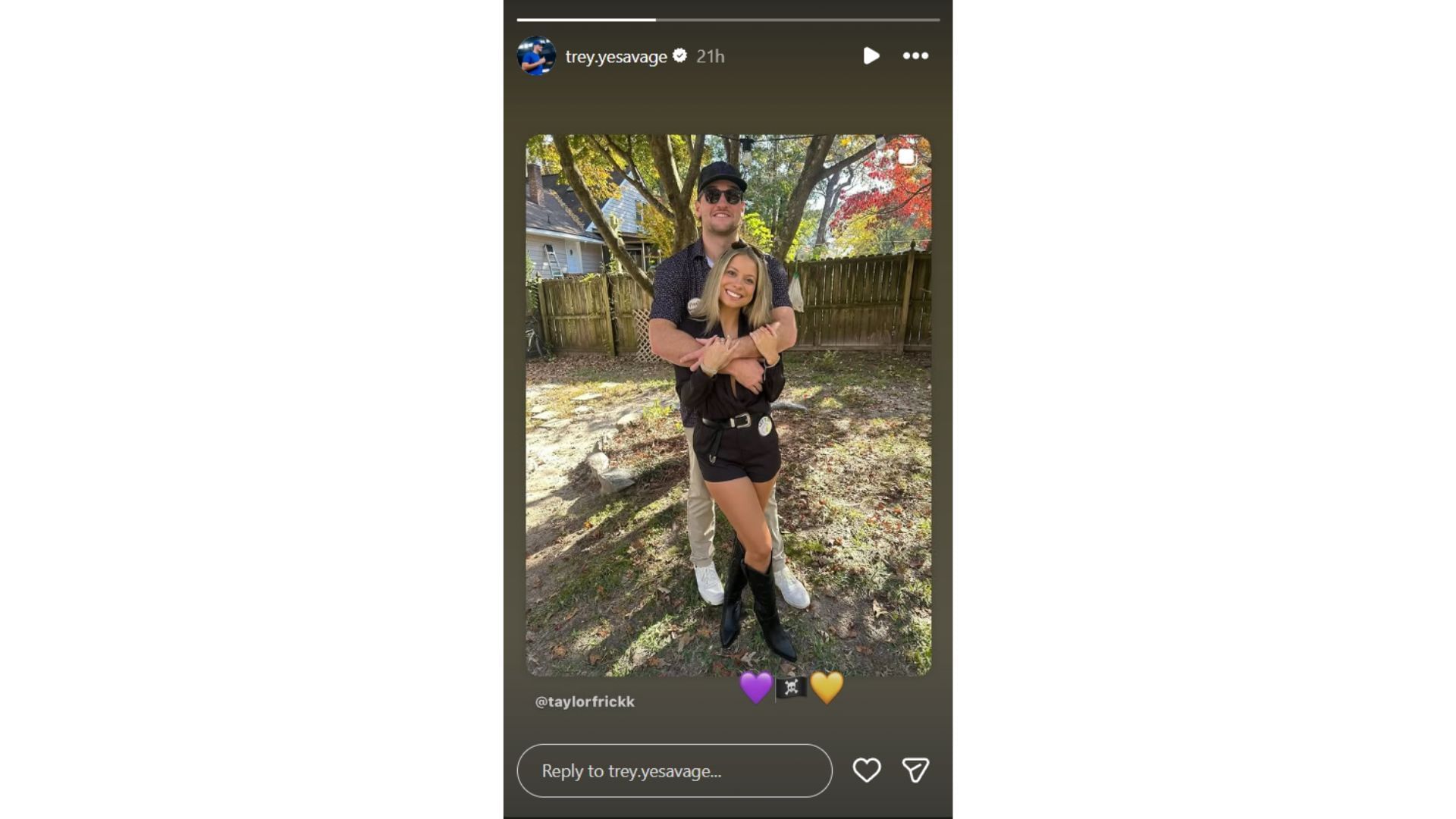 Trey Yesavage&#039;s Instagram story featuring his girlfriend Taylor Frick&#039;s Instagram post (Source: Instagram @trey.yesavage)