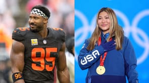 Myles Garrett confirms relationship status with Chloe Kim as couple locks lips at sidelines during Raiders' 24-10 loss to Browns