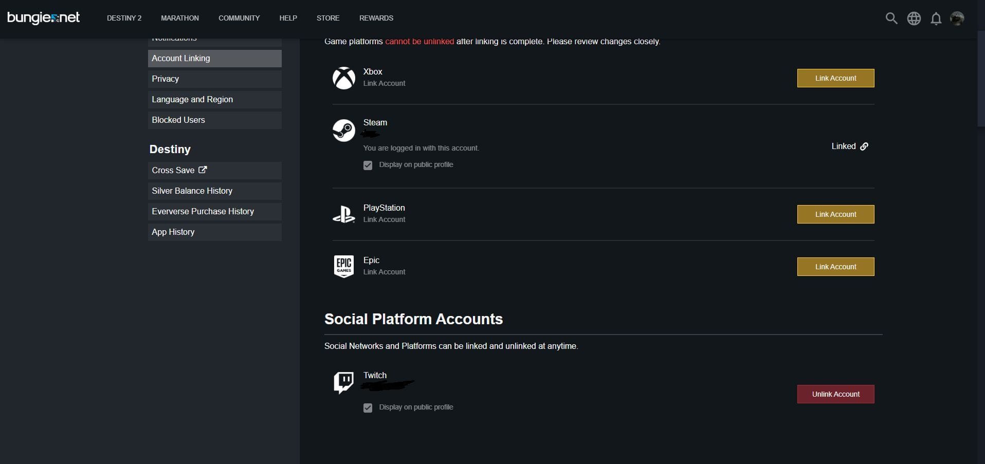 Tab Liên kết tài khoản trong Destiny 2 (Hình ảnh qua Bungie)