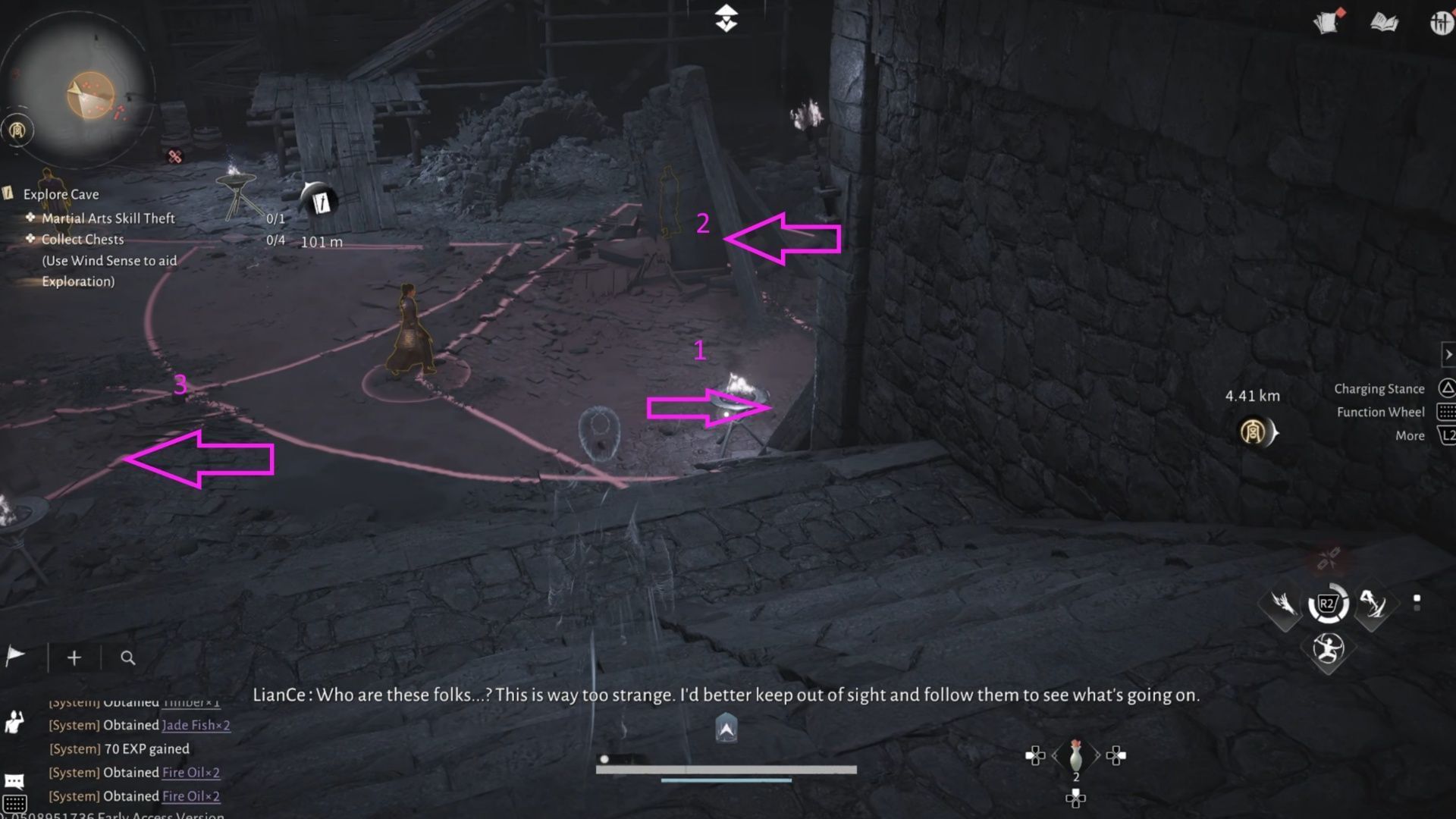 Step 1: Hug the wall, take the guard down. Step 2: Get the stationary guard. Step 3: Patrolling guard on the left (Image via NetEase)