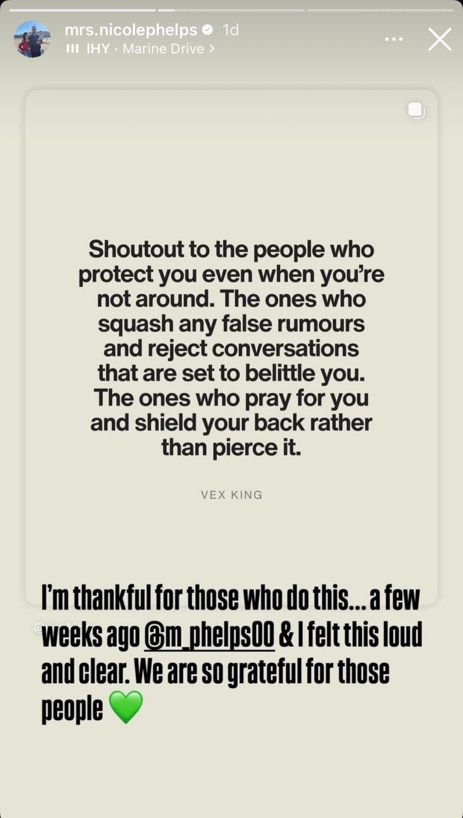 Screenshot of Nicole Johnson's Instagram story.