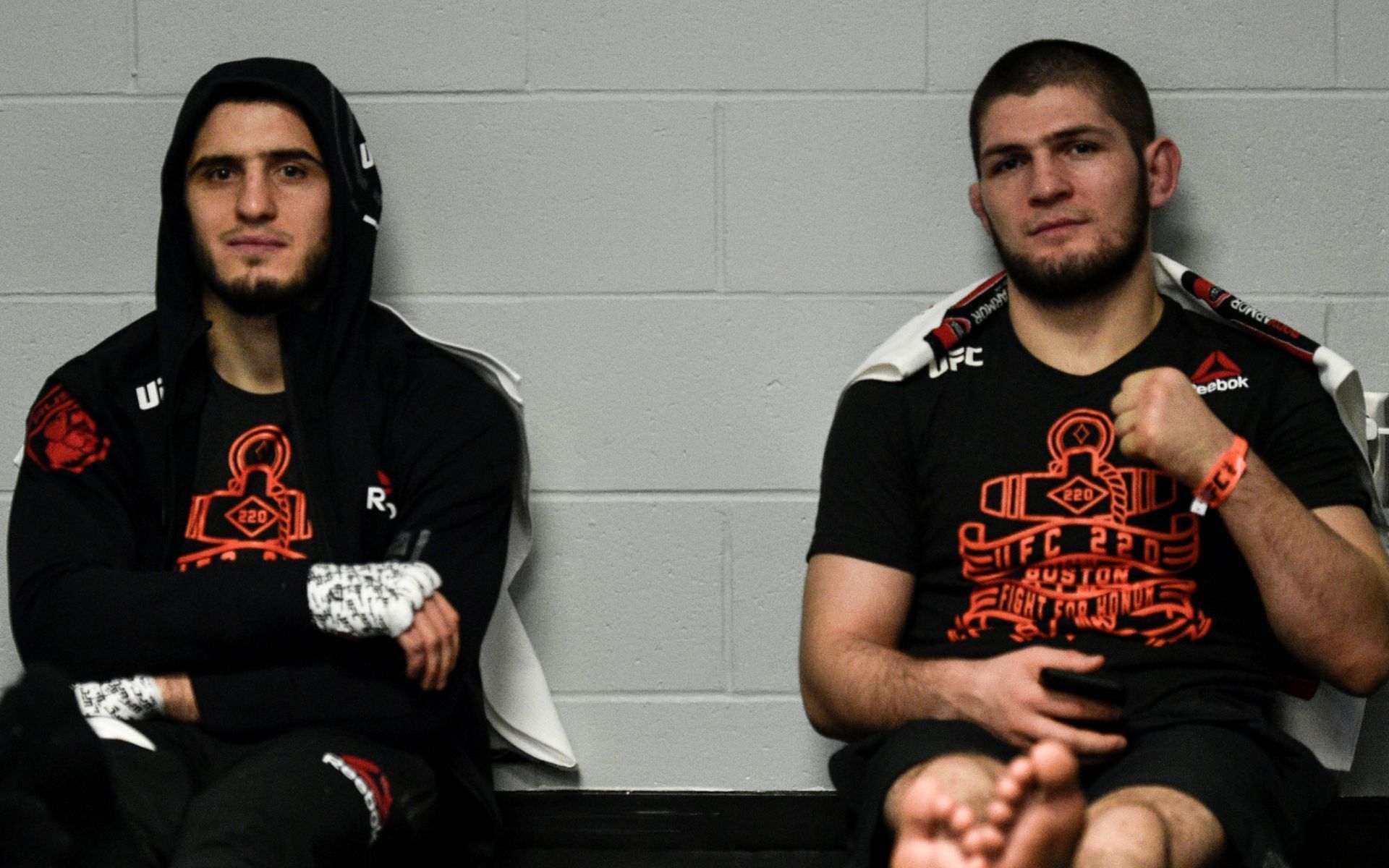 Islam Makhachev (left) talks Khabib Nurmagomedov (right) naming a street after him. [Image courtesy: Getty Images]