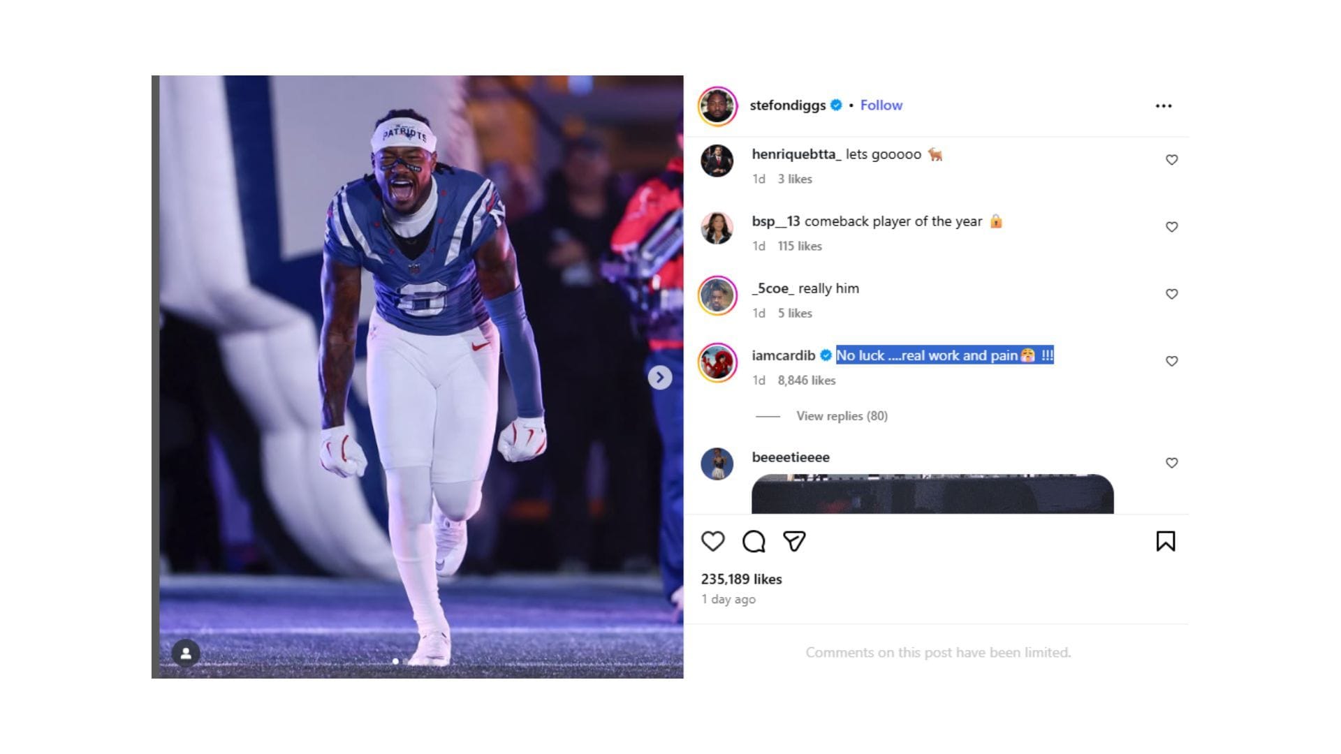 Cardi B commented on Stefon Diggs&#039; Instagram post. (Credit:@stefondiggs)
