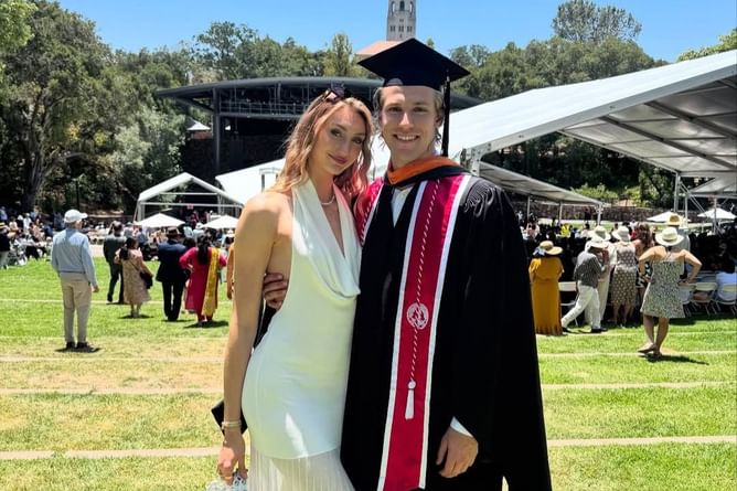 Cameron Brink Poses For Adorable Selfie With Fiance Ben Felter in Burgundy Leather Jacket on Stanford Return