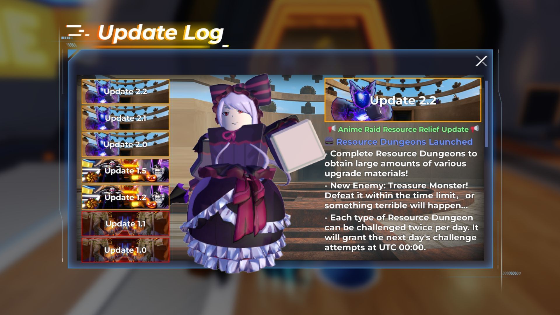Update Log in Anime Raid (Image via Roblox)