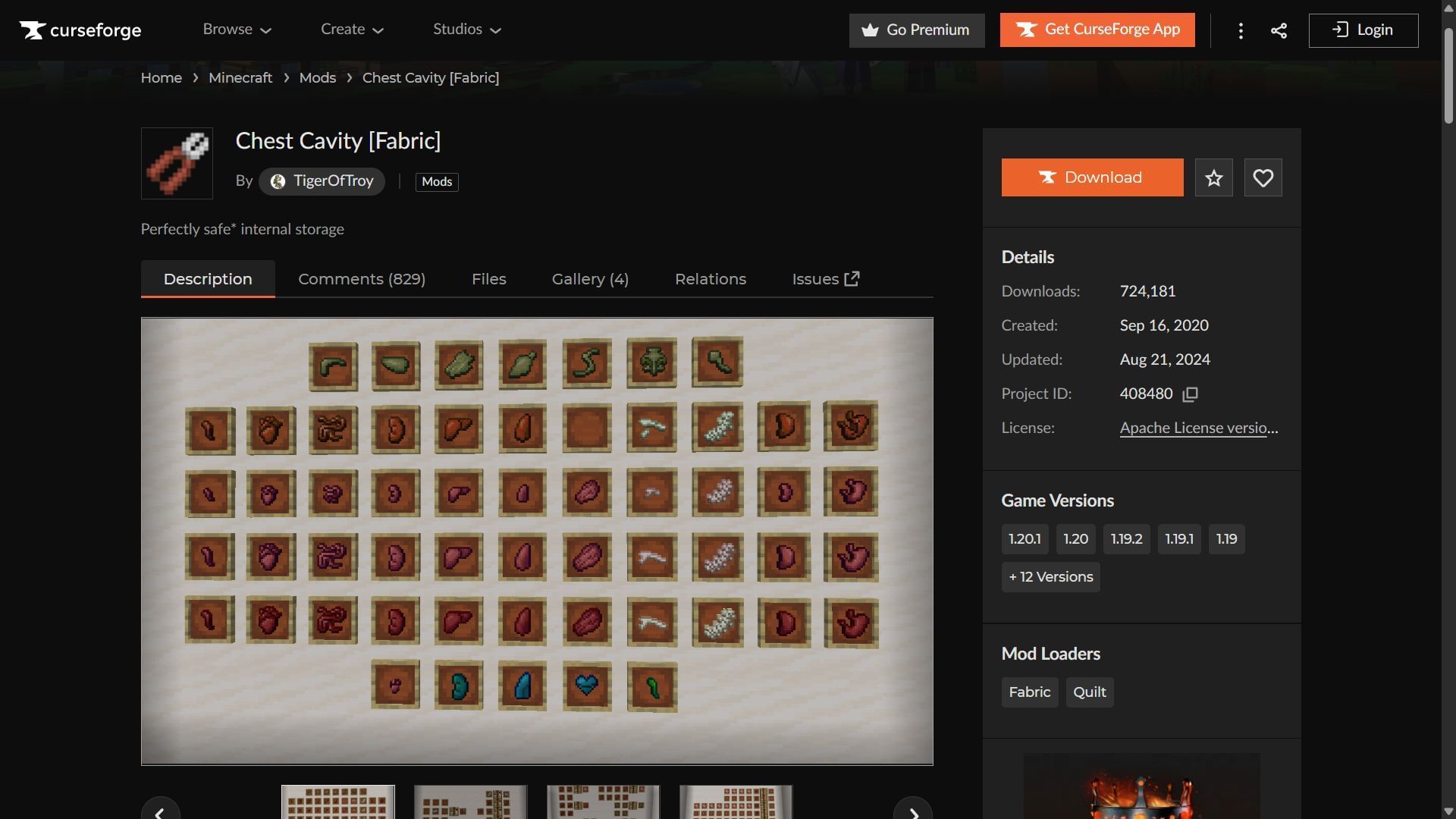 Chest Cavity mod can be downloaded from CurseForge (Image via CurseForge/TigerOfTroy)