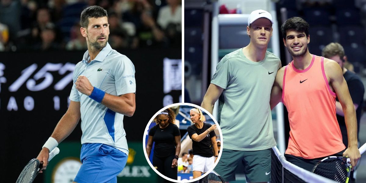 Novak Djokovic (L), Jannik Sinner &amp; Carlos Alcaraz (R), Serena Williams &amp; Rennae Stubbs (inset). (Photos: Getty)