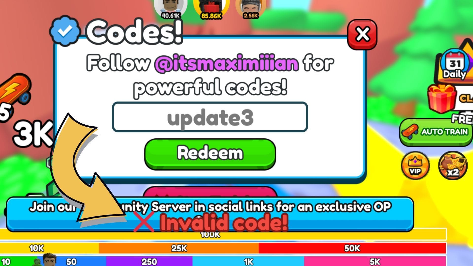 The "Neplatný kód!" chybové hlásenie (obrázok cez Roblox)