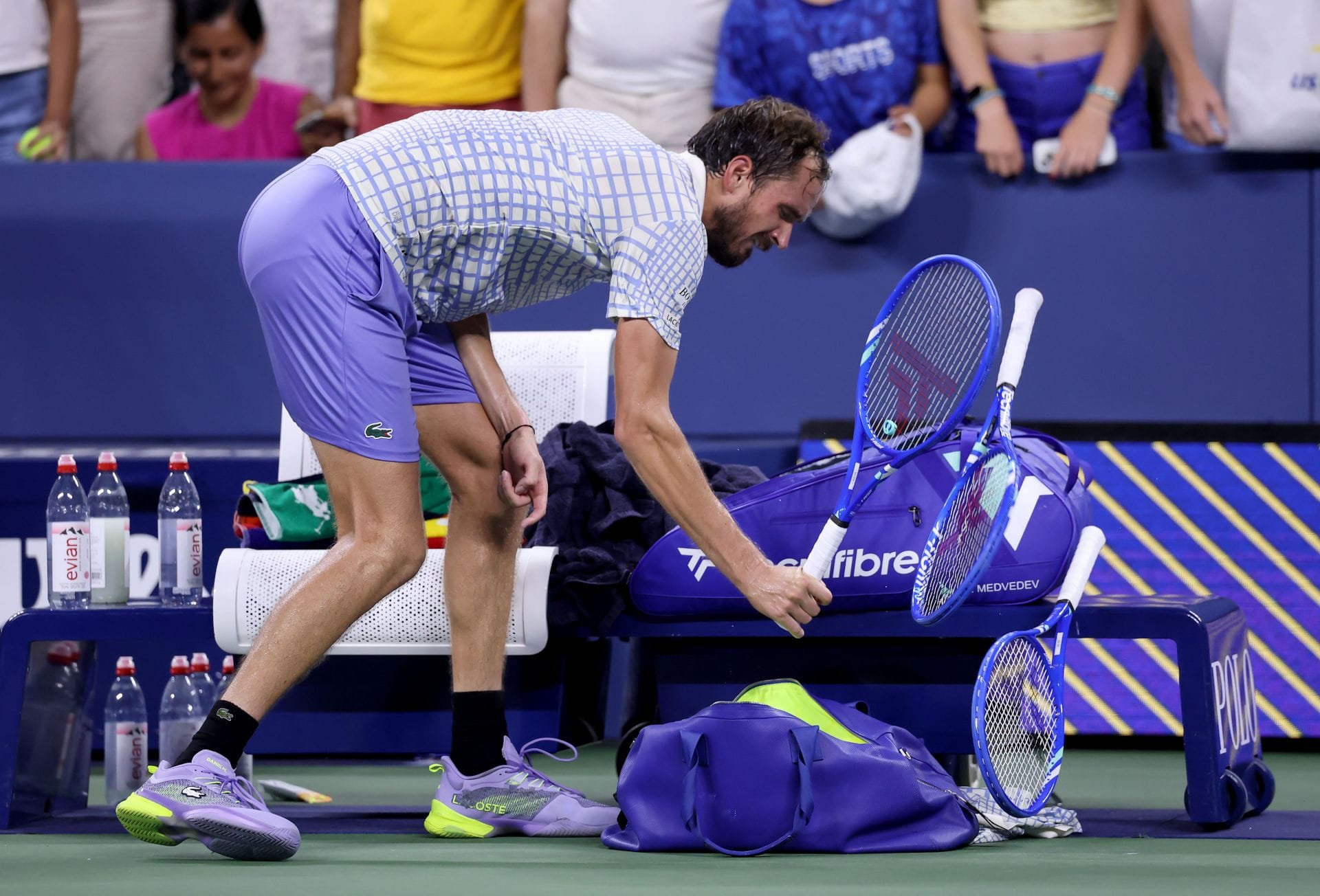 Daniil Medvedev smashes a racket after his first-round loss at the 2025 US Open (Source: Getty)