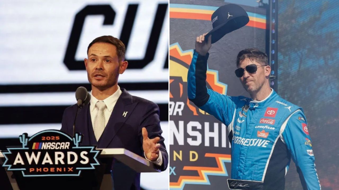 Kyle Larson gives a shout-out to Denny Hamlin. ( Both images via getty )