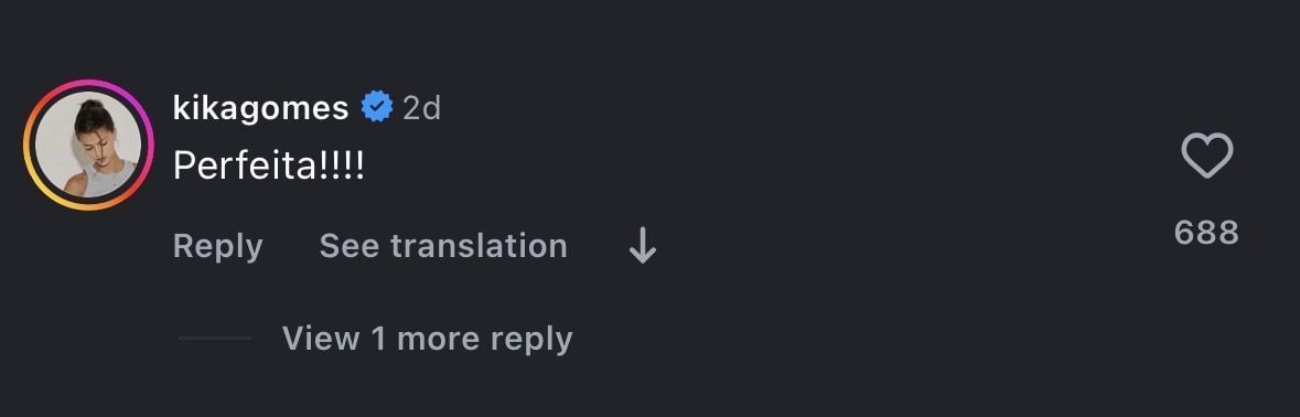 Kika Gomes&#039; comment under Vogue&#039;s post featuring Kelly Piquet - via @voguebrasil on Instagram