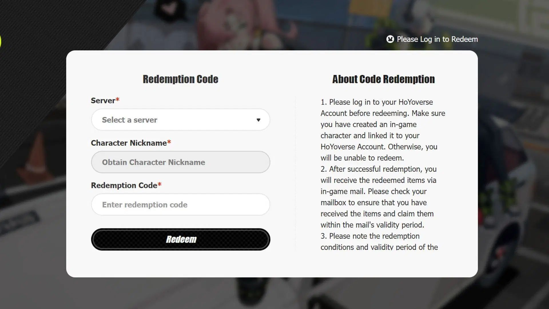 How to redeem via official webpage (Image via HoYoverse)