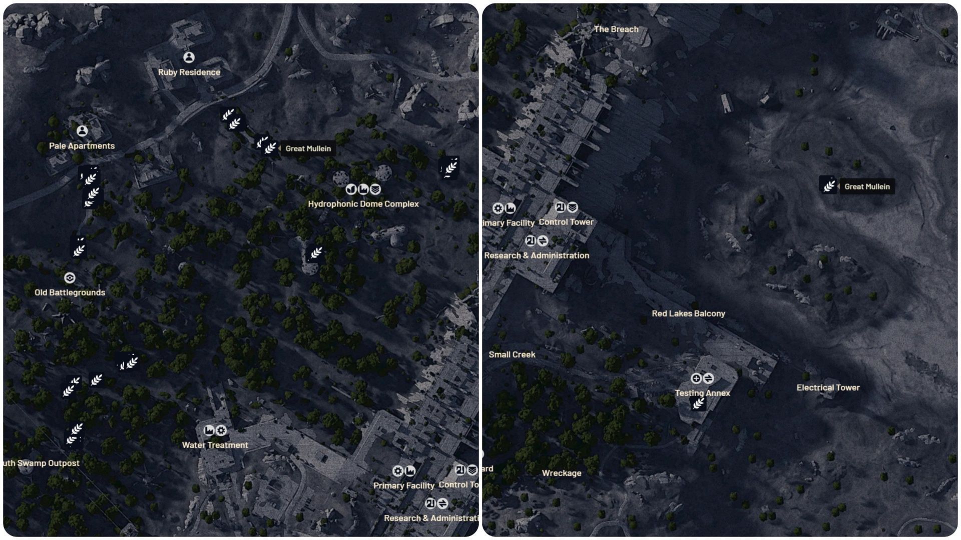 Where to find Great Mullein in ARC Raiders 3 Harvest Points in Dam Battlegrounds (Image via arcraidersmaps.app)