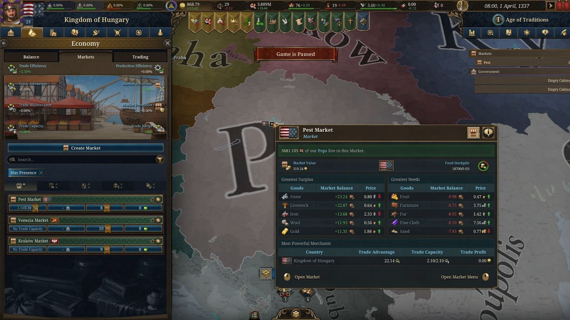 Trade options and marketplaces tab in Europa Universalis 5 (Image via YouTube/@TheSocialStreamers/Paradox Interactive)