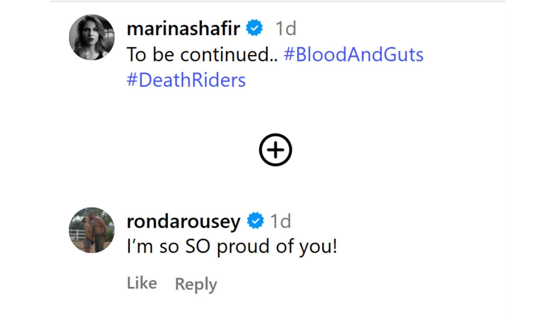 Ronda Rousey&#039;s comment under Marina Shafir&#039;s post [Source : Shafir&#039;s IG]