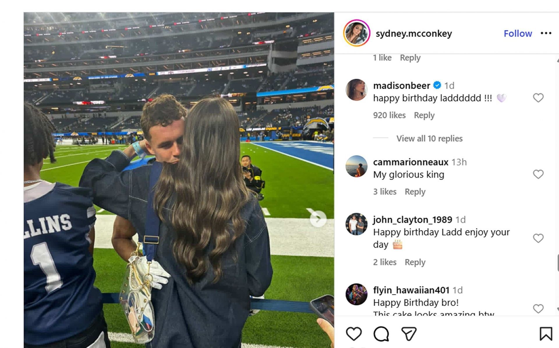 Madison Beer drops a message for Ladd McConkey in wife Sydney&#039;s birthday post for Chargers WR/@sydney.mcconkey