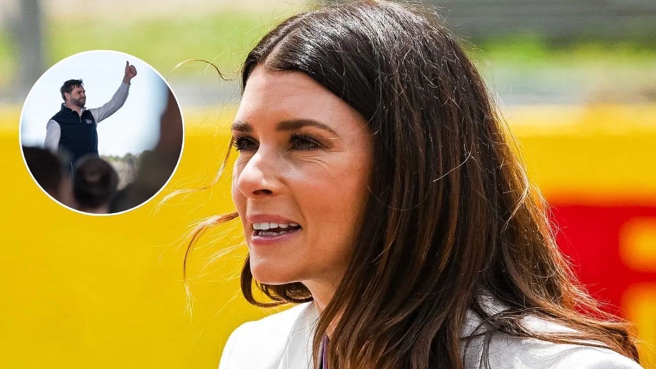 Danica Patrick reacts to video of JD Vance addressing the US army on November 26. Images via Imagn.