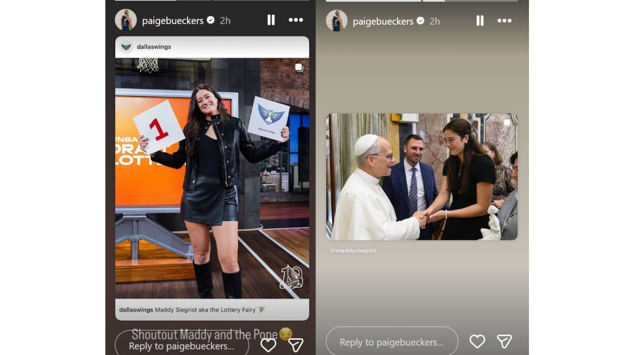 Paige Bueckers shoutouts Dallas Wings teammate Maddy Siegrist and Pope Leo XIV after Wings won draft lottery on Sunday. [photo: @paigebueckers/IG]